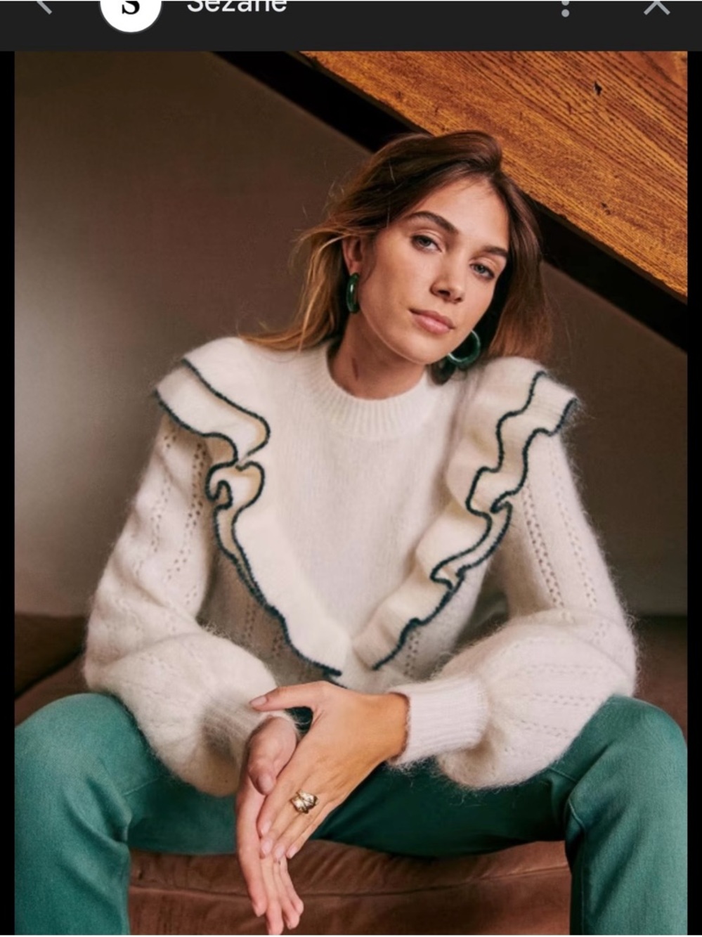 Sezane Sézane Rita Cream Ivory White Ruffle-Trim Crewneck Sweater - Picture 2 of 4